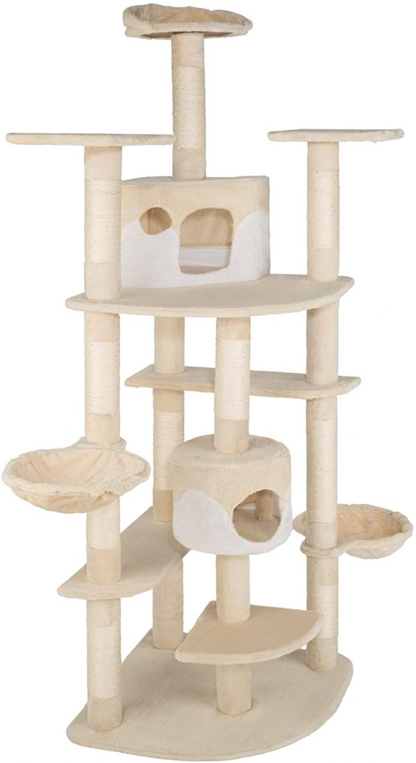 Arbre à chat beige blanc avec griffoir grattoir géant 2 grottes 204cm