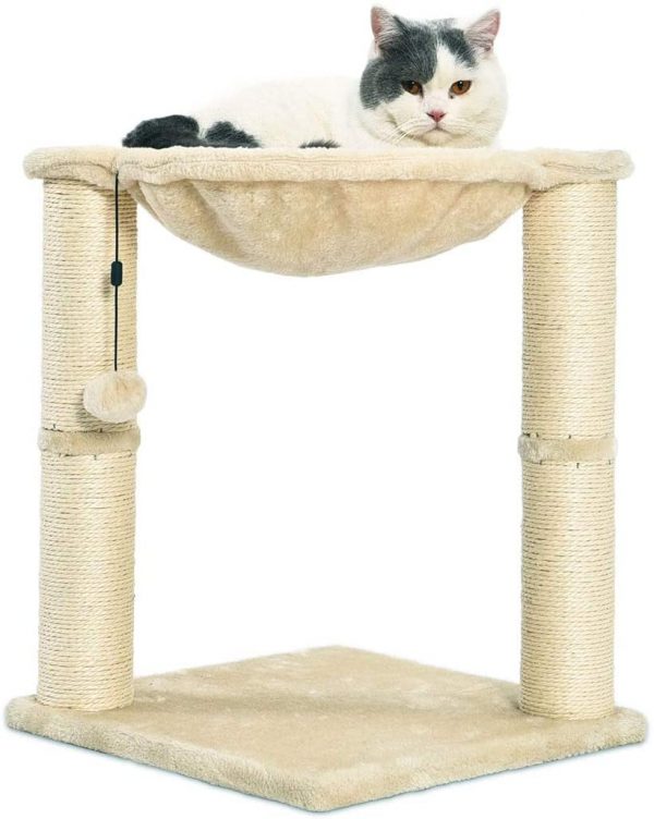 Arbre à chat beige en forme de tour avec abri, lit hamac et griffoir