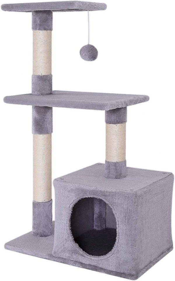 Arbre à chat gris clair avec griffoir et centre d'activités
