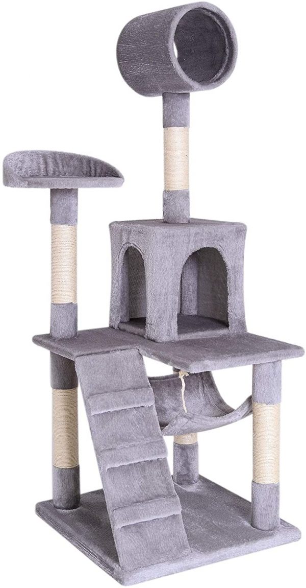 Arbre à chat Gris clair avec hamac tuyau niche et échelle 133 cm