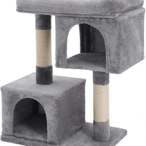 Arbre à chat gris clair en sisal 2 niches pour félins d’intérieur
