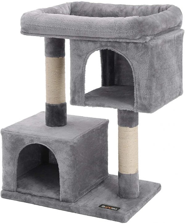 Arbre à chat gris clair en sisal 2 niches pour félins d'intérieur