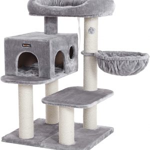 Arbre à chat gris clair en sisal avec Plate-Forme d’Observation et niche XXL, Hamac
