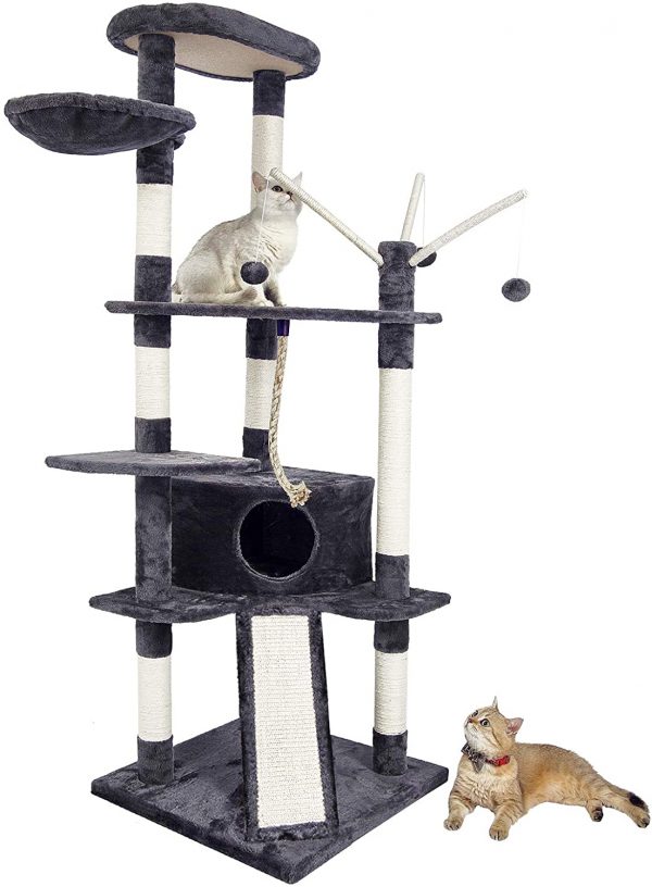 Arbre à chat gris grande taille 6 niveaux avec jouet Hauteur 168cm