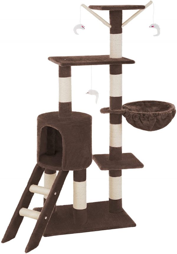 Arbre à chat marron Griffoir Grattoir avec échelle et 3 jouets suspendus