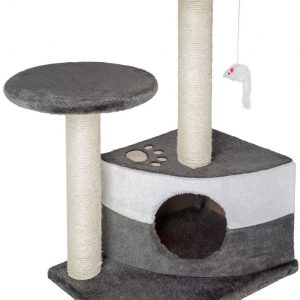 Arbre à chat gris avec colonne de grattage et souris suspendue